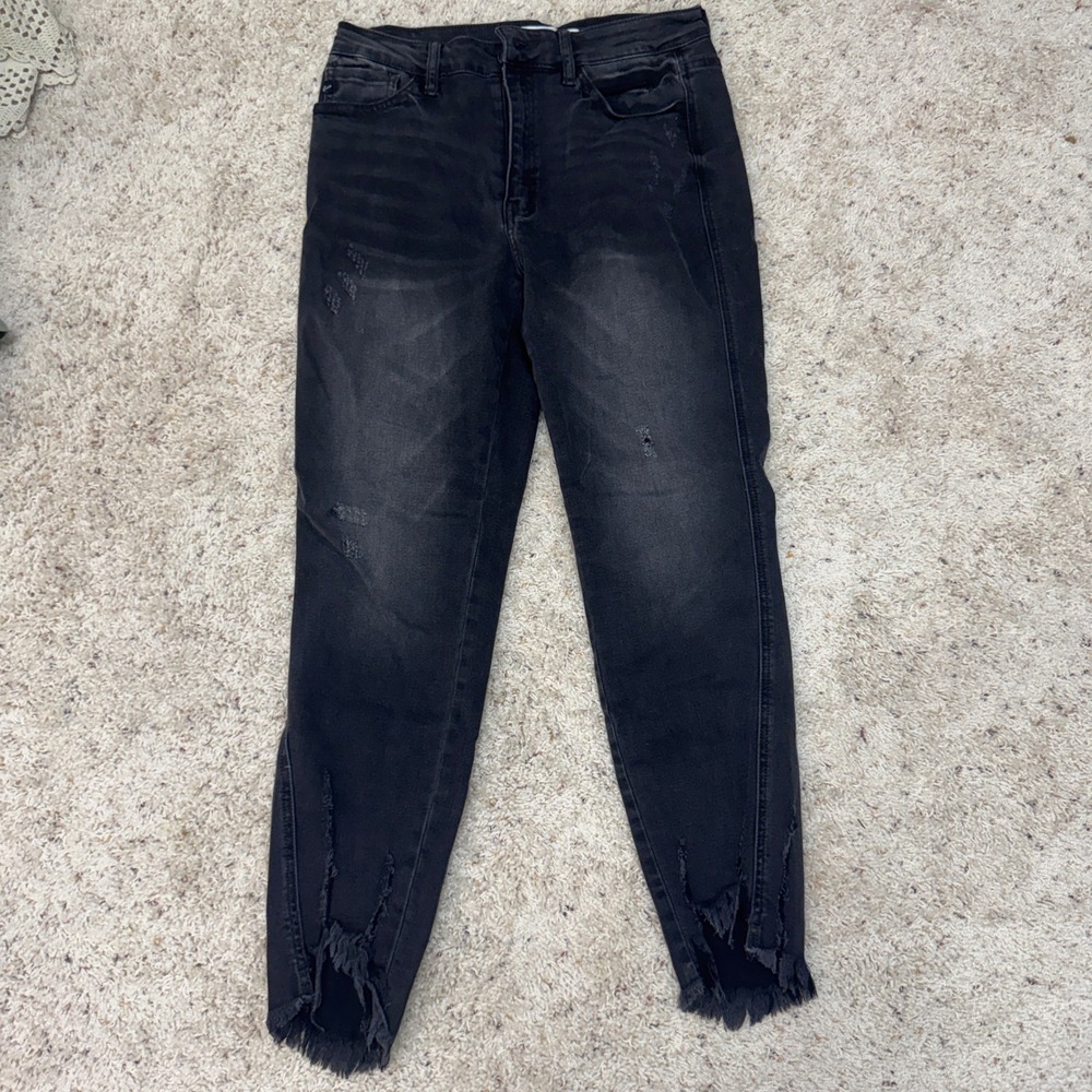 Kancan Women High Rise Distressed Skinny Jeans Faded Black Step Hem 9/28 Urban